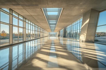 Poster - Sunlit modern concrete hallway with large windows and reflective floor.