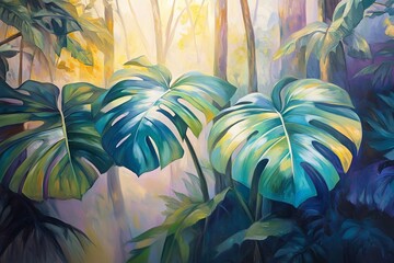 Poster - Lush tropical rainforest painting; large monstera leaves in sunlight, misty background.