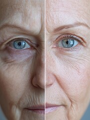 Aufkleber - Transformation of Aging Skin to Youthful Appearance Captured in a Split Image on Display. Generative AI