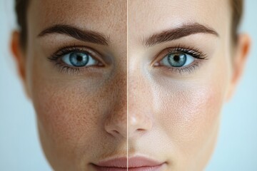 Poster - Comparison of skin aging with visible wrinkles on one side and smooth skin on the other side. Generative AI