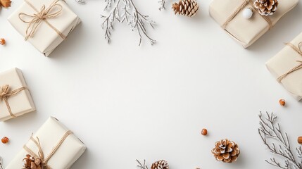 Wall Mural - Christmas gifts, pine cones, and snowy branches framing white background