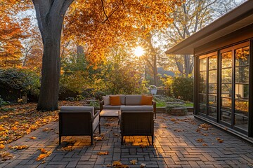 Poster - Autumnal backyard patio furniture with sunset glow, orange leaves.