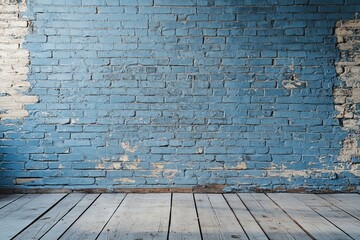 Poster - Rustic blue brick wall and wooden floor background. (2)