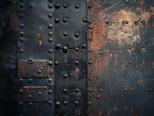 Poster - Close-up of dark, rusty metal surface with rivets and plates, showing texture and age.