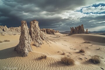 Poster - Dramatic desert landscape with sandstone formations under a stormy sky.