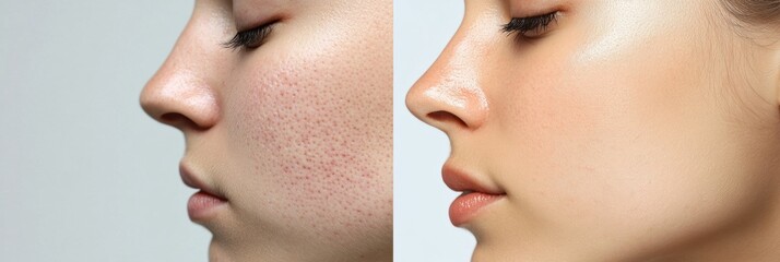 Leinwandbilder - Comparison of acne prone skin and flawless radiant skin highlighting dermatology concepts. Generative AI