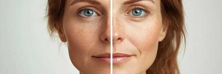 Leinwandbilder - Contrast between aging and youthful appearance of a woman captured in a split screen format for comparison purposes. Generative AI