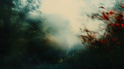 Poster - Red foliage creating motion blur effect in misty forest landscape