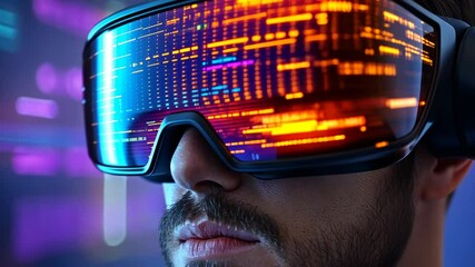 Man wearing futuristic glasses displaying digital code.