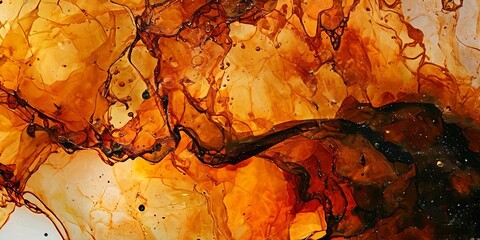 Poster - A painting of a yellow and brown swirl with black and white specks