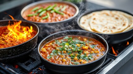 A vibrant display of delicious dishes cooking on a stovetop, featuring spicy curries and freshly made flatbreads with steam and fire.