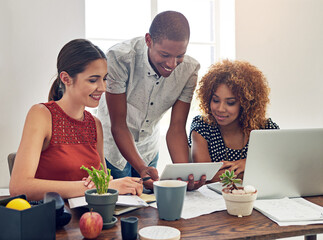 Poster - Graphic designers, teamwork and people on tablet for meeting, skill development and collaboration. Ideas, laptop or happy creative strategist in startup for online project, planning or brainstorming
