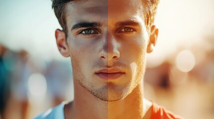 Poster - Runner shows transformation from exhaustion at start line to victorious energy after competition in high motion blur. Generative AI