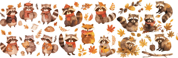 Wall Mural - autumn racoon watercolor clipart