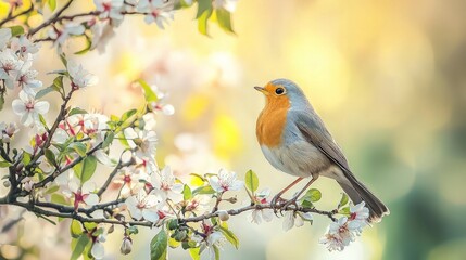 Naklejka na meble Robin bird perched on blossoming tree branch, spring nature scene, perfect for cards or prints