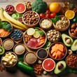 © Arslan - Fresh and Nutritious Foods, Including Fruits, Vegetables, Nuts, and Whole Grains, Beautifully Displayed in Wooden Bowls on a Cozy Wooden Table, Inspiring Healthy Choices, Balanced Diets.