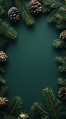 Wall Mural - Christmas border made of fir branches and pine cones on dark green background