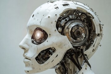Leinwandbilder - Side profile of a futuristic cyborg with mechanical structures and a glowing robotic eye. Generative AI