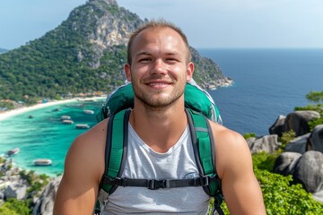 Outdoor adventure man traveler on top island joy fun beautiful nature scenic landscape vacation beach Koh Nang Yuan Attraction landmark tourist travel Thailand summer holiday, Tourism destination