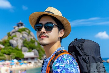 Outdoor adventure man traveler on top island joy fun beautiful nature scenic landscape vacation beach Koh Nang Yuan Attraction landmark tourist travel Thailand summer holiday, Tourism destination