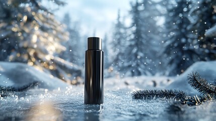 Aufkleber - Cosmetic bottle standing on frozen snow in winter forest