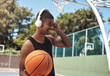© peopleimages.com - Basketball, man and music with headphones on court for game practice, training playlist or fitness podcast. African person, sports player or listening to audio for match performance or exercise break