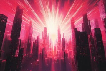 Poster - Futuristic city, radiant explosion, vibrant skyline, dynamic background, digital art, for wallpaper or poster