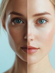 Leinwandbilder - Comparison of aging and youthful skin on a womans face showing visible wrinkles on one side and smooth skin on the other side. Generative AI