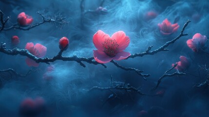 Wall Mural - Blossoms on twigs in fog. Background is blurred and abstract. Can be used as wallpaper