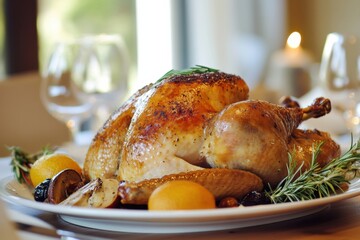 Poster - Succulent roasted turkey served with fresh herbs and citrus on an elegant dining table. Generative AI