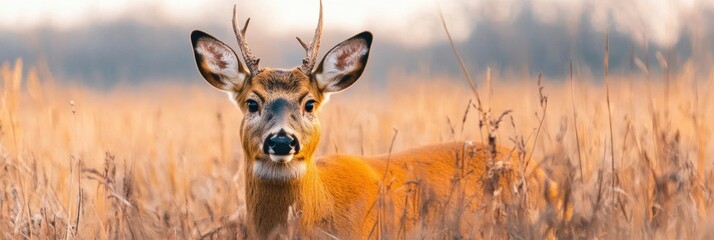 Poster - Young buck stands among tall golden grasses in a serene landscape during early morning light. Generative AI