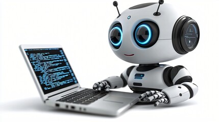 Cute robot coding on laptop; white background; tech concept