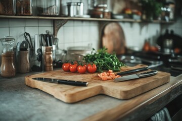 Fototapete - Fresh ingredients and kitchen utensils arranged on wooden cutting board in modern kitchen during meal preparation. Generative AI