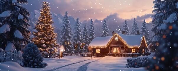 Aufkleber - Christmas cabin in snowy mountains at sunset illuminating winter wonderland