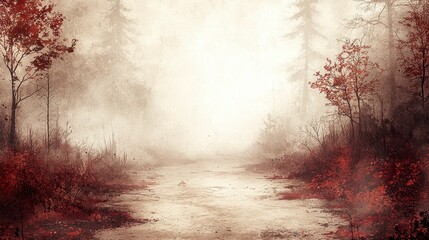 Canvas Print - Misty autumn path, red leaves, forest background, tranquil scene, nature photography