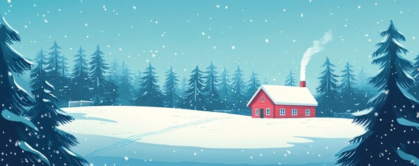 Aufkleber - Red wooden cabin smoking chimney in snowy forest landscape winter illustration