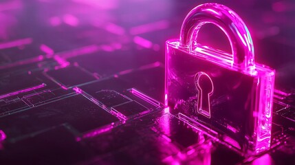 Pink glowing padlock on circuit board; cybersecurity concept