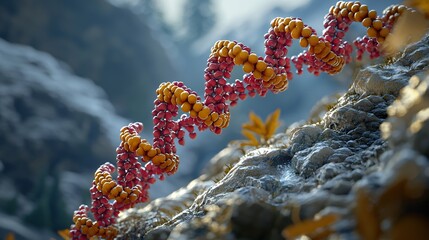 DNA strand on rocks, mountain background, science concept