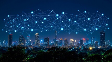 Night city skyline, network connection, global communication, technology future