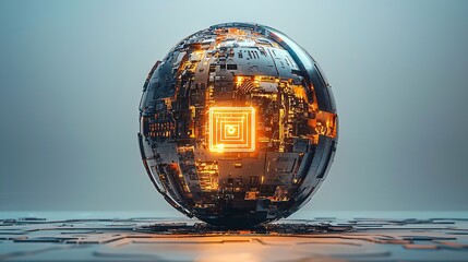 Glowing sphere, tech circuits, futuristic, digital, abstract background, concept art