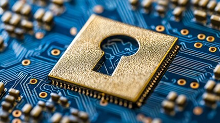 Golden keyhole on circuit board; data security concept