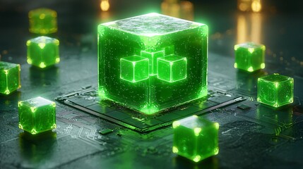 Glowing green cubes on circuit board, technology concept