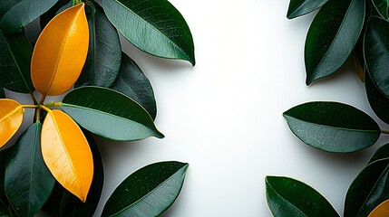 Wall Mural - Green and yellow leaves frame white background