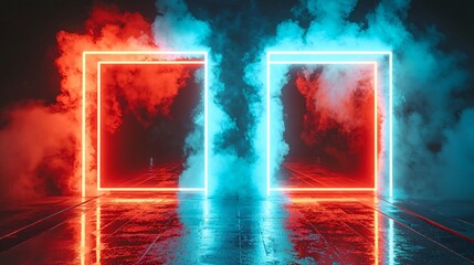 Wall Mural - neon square portals, smoke, reflection, dark setting, gaming background