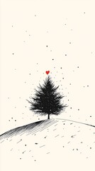 Aufkleber - Christmas tree with red heart on snowy hill minimalist drawing