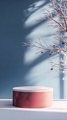 Aufkleber - Christmas podium displaying products with snowy tree branches and red ornaments