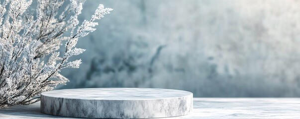 Poster - Empty marble podium with snowy branches for winter product presentation