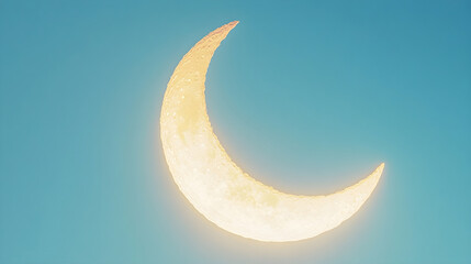 Wall Mural - A serene crescent moon glowing brightly against a soft, solid blue background, symbolizing the start of Ramadan
