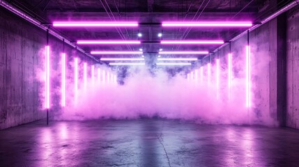 Wall Mural - neon lights illuminate smoky concrete tunnel