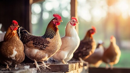 Poster - Colorful chickens perching in a rustic gathering at sunset on a farm. Generative AI